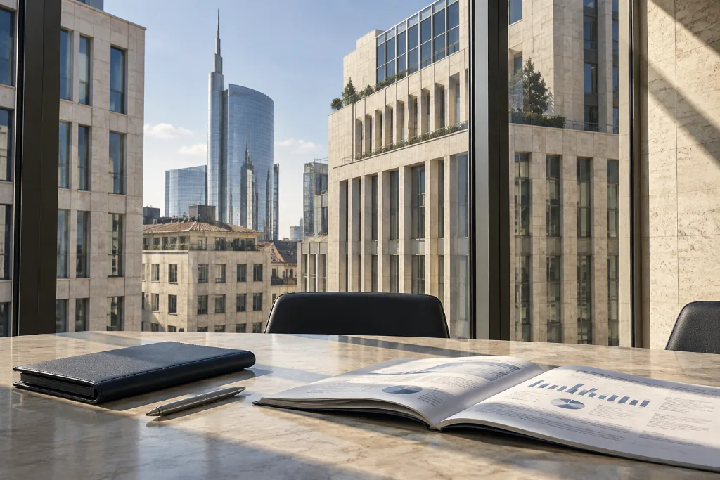Documenti di lavoro su un tavolo, affacciato sull’architettura di Milano. Immagine editoriale generata per la proposta.